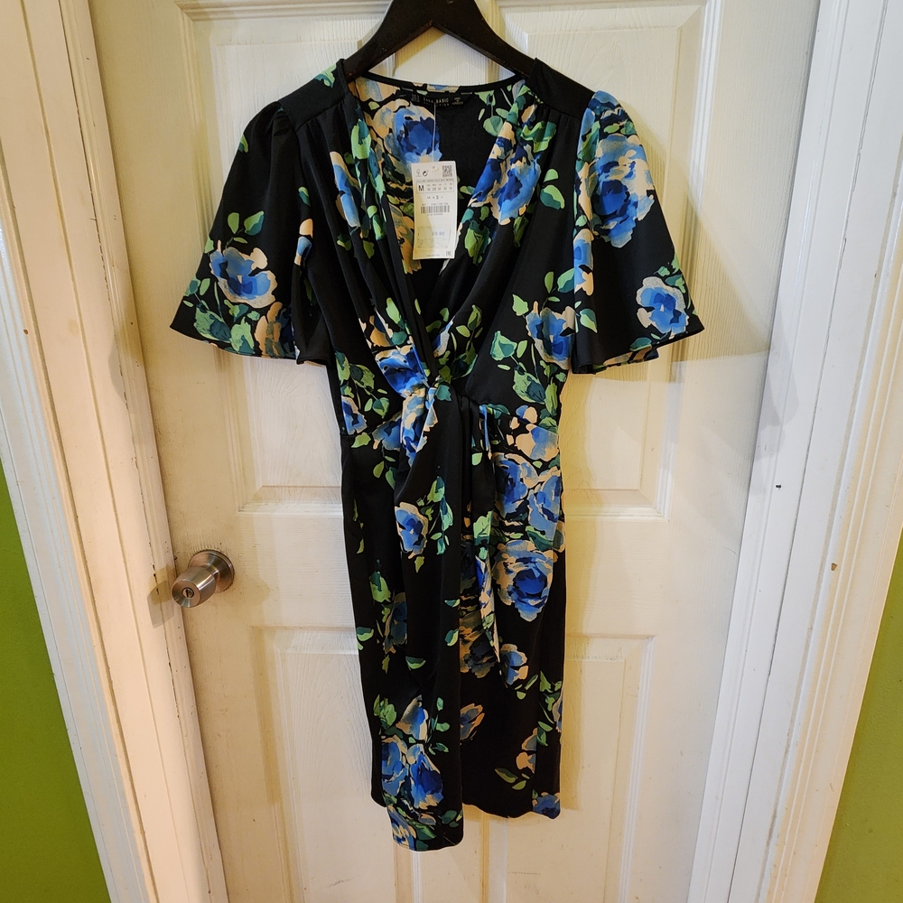 Zara Black Dress with Blue Floral Design